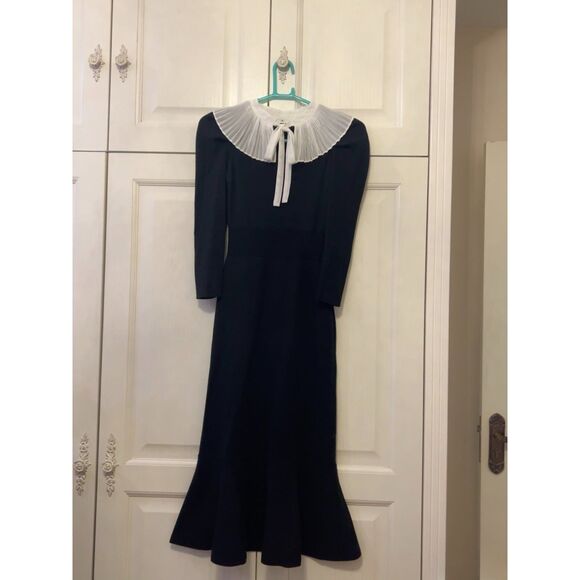 Japan Fashion White Pleated Collar Black Knit Maxi Dress, Womens SIze XS - Picture 2 of 3